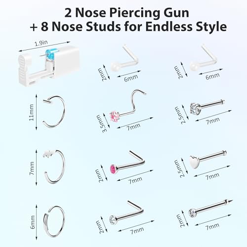 2-Pack Disposable Nose Piercing Kit, Nose Piercing Gun, Self Piercing Kit for Nose Studs and Nose Rings, Hypoallergenic Stainless Studs for Sensitive Skin