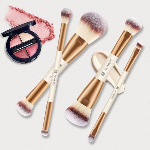 HEYMKGO Makeup Brushes Set, 4Pcs Double-ended Foundation Contour Powder Blush Concealer Eyeshadow Brush Set for Liquid, Cream, Powder for Blending Buffing Professional Face Brush Set Tools(Apricot)