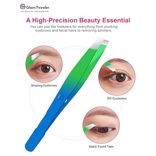 Exclusive G-01 Slant Tip Tweezers, GlamTweeler High Precison Expert Eyebrow and Facial Hair Removal Tweezer with Leather Storage & Carrying Case (Princess Blue & Green)