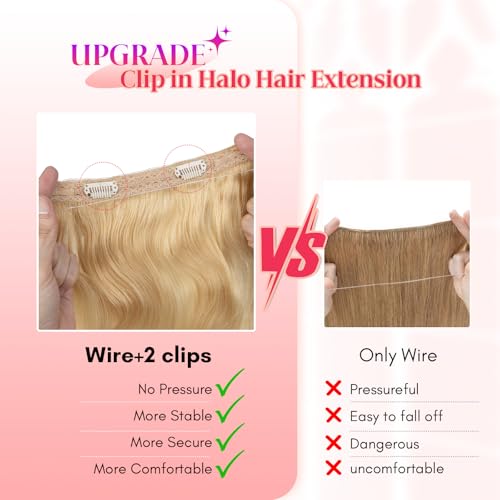 Rich Choices 100% Real Human Halo Hair Extensions Wave Remy Invisible Wire In Hair Extensions Human Hair Clip in Hair Piece 22 Inch Wavy-#613 Bleach Blonde