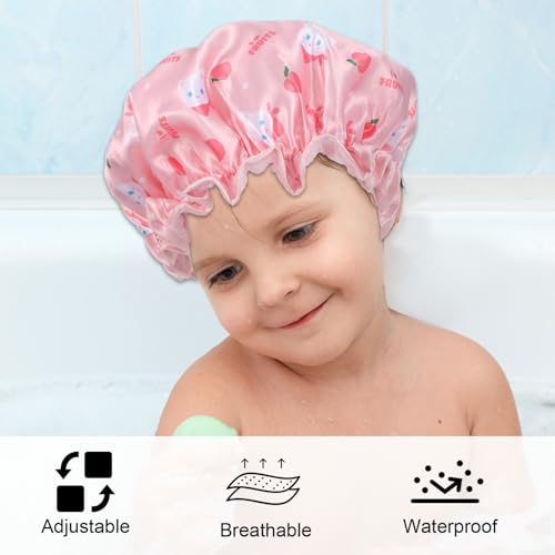 TIESOME Kids Shower Caps, 2 PCS Pink & Purple Waterproof Double Layers Shower Caps Cute Rabbit Bonnets Elastic Band Bonnet Satin and Eva Soft Sleeping Cap Reusable Cap for Kids