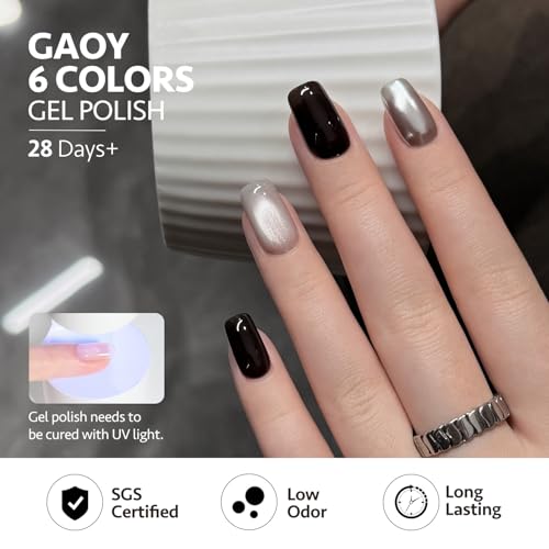 GAOY Black and White Gel Polish Set, Sliver Cat Eye, Opal White, Jelly Black Glitter Reflective Gel, Magnetic Holographic DIY Nail Art