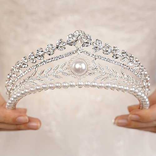JWICOS Tiaras and Crowns for Women Pearl Wedding Tiara for Bride Baroque Queen Crown Rhinestone Hair Accessories for Birthday Pageant Prom