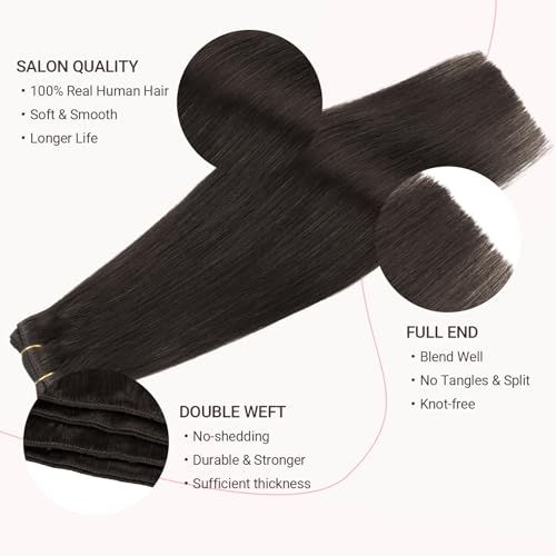 MAXITA Sew in Hair Extensions Real Human Hair, Weft Hair Extensions Human Hair, #2 Dark Brown 16 inch 80g Double Weft Remy Silky Sew in Weft Hair Extension Human Hair