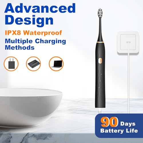 FXQQZZ Electric Toothbrush for Adults and Kids, with Tongue Scraper and Travel Case, 8 Brush Head, Smart Timer & 4 Modes Rechargeable Toothbrush, 42000 VPM Deep Clean, One Charge Last 90 Days - Black