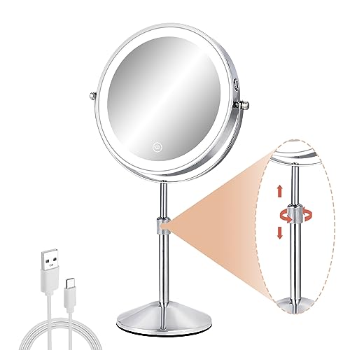 8" Lighted Makeup Mirror with Adjustable Height, 1X/10X Magnification, Rechargeable LED Vanity Mirror with 3 Color Modes, 360¡Æ Rotating Touch Screen, Magnifying Tabletop Cosmetic Mirror