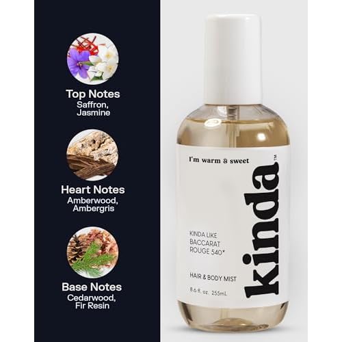 PB ParfumsBelcam KINDA I¡¯m Warm & Sweet Hair & Body Mist ? Our Version of Baccarat Rouge 540 ? Woody Gourmand Floral Scent with Jasmine, Saffron, Cedarwood & Amber, Long-Lasting Mist, 8.6 fl.oz