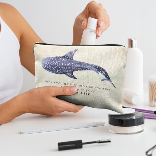 Whale Shark Christian Makeup Bag Pouch, Christian Shark Gifts for Women, Bible Verse Gifts Isaiah 43:2, When you go through deep waters I will be with you