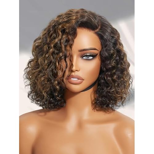 LUVME HAIR Mix Color Highlight 10 Inch Curly Wig, Glueless HD Lace Wigs Human Hair Pre Plucked Pre Cut, Curly Bob Wig Human Hair Short Wig with Blonde Highlights Ready to Go Wig