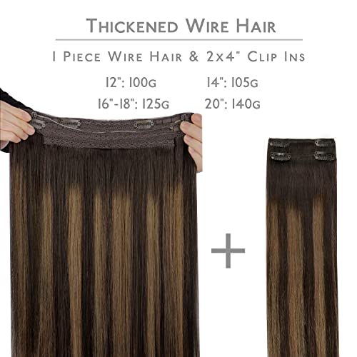 WENNALIFE Wire Hair Extensions (Increase 50% Lifespan) Real Human Hair 18 inch 125g Balayage Dark Brown to Chestnut Brown Remy Real Hair Extensions Invisible Wire Human Hair Fish Line