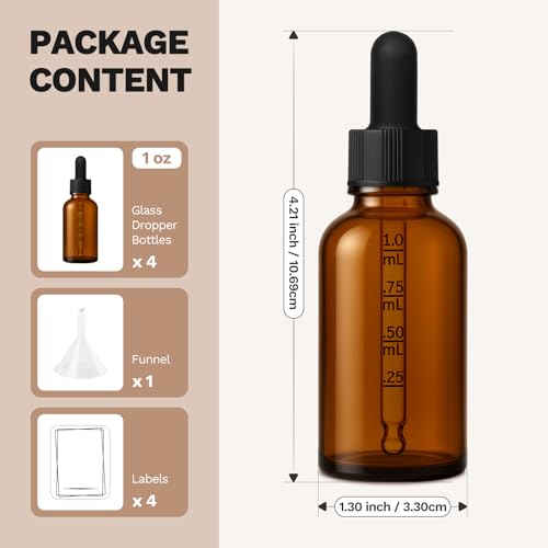 Bumobum 1 oz Dropper Bottle, Amber Glass Dropper Bottle with Measured Dropper, Empty Eye Tincture Bottles with Funnel & Labels for Essential Oils Serums Tavel Liquids, 4 Pack