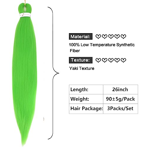 Pre-stretched Green Braiding Hair 26 Inch 3Packs Braiding Hair For Braids, Yaki Texture Crochet Hair Box Braids Hot Water Setting Synthetic Braiding Hair Extensions(26inch, Green)
