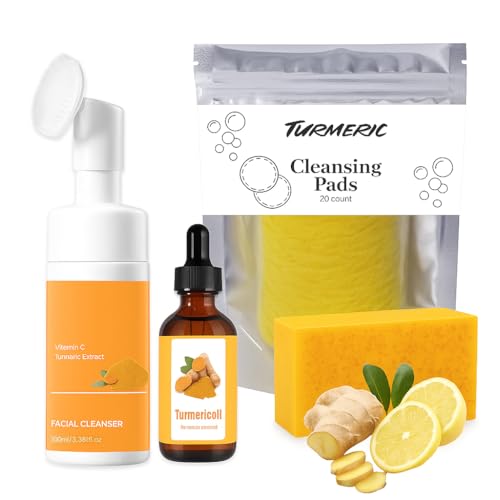 Turmeric Wash and Care 4-Piece Set ? Facial Cleanser with Brush, Soap Bars , Soft Face Cleansing Pads and Turmeric Oil ? Turmeric Face Wash Kit, Turmeric Skincare Set