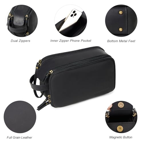Toiletry Bag for Men, Full Grain Leather Travel Pouch Shaving Dopp Kit Bathroom Toiletries Organizer Bags, Black