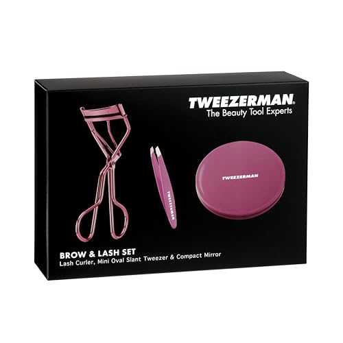 Tweezerman Brow & Grooming Set - Compact Mirror, Slant Tweezer and Travel Tweezerette for Women and Men
