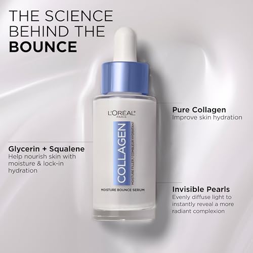 L'Oreal Paris Collagen Moisture Filler Moisture Bounce Face Serum, Glow Serum with Collagen, Glycerin, and Squalane for Bouncy, Radiant, Hydrated Skin