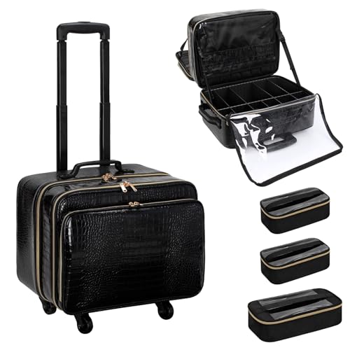 OCHEAL Rolling Makeup Train Case, 18" Carry On Travel Cosmetic Organizer Suitcase,Extra Large Trolley Makeup Storage Case On Wheels,3 Layers with 3pcs Traveling Bags for Hairstylist Cosmetology Artist