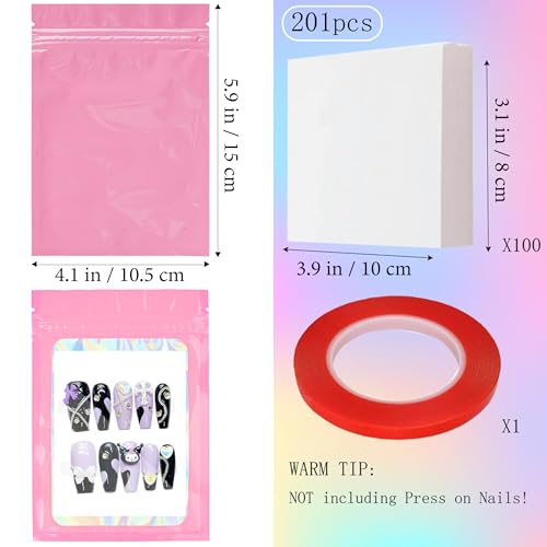 Qenk 100PCS Empty Holographic Nail Storage Bag Press on Nail Packaging Bag and 100PCS Shiny white cardboard Nail Tips Packaging Bags with 1 Roll Transparent Tape (Pink)