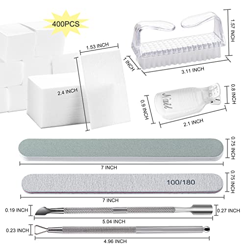 Gel Polish Remover Tools Kit - 10 Clips, 400 Lint-Free Wipes, Files 100/180, Buffer Block 400/4000, Brush, Cuticle Pusher & Peeler (Clear)