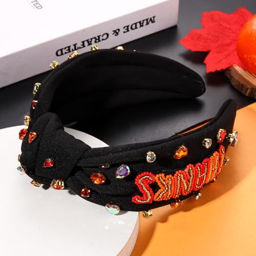 Thanksgiving Headband Accessories - Fall THANKS Knotted Pearl Rhinestone Wide Hair Accessories