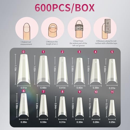 krofaue Natural Acrylic Nail Tips - 600PCS Half Cover Coffin False Nails 12 Size with Box for Salon and Home DIY