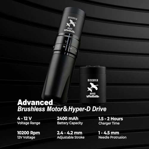 Wireless Tattoo Gun - DISCOVERDEVICE Pen Tattoo Machine with 7 Stroke Length Adjustable,2 Replaceble Batteries for Long Session,Wireless Rotary Tattoo Machine DF7 for Pro Artists (BLACK DF7 PRO)