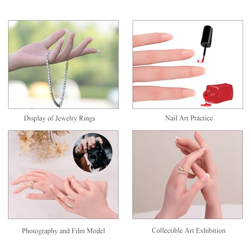 Silicone Realistic Female Hand Acrylic Nails Pratice Training For Nail Art Showing Jewelry Life Size Female Model Flexible Bendable (Pair Hand-With Skeleton, Ivory)