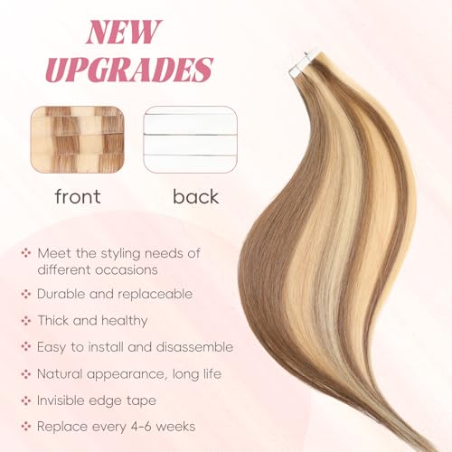 Professional Invisible Tape Hair Human Hair Extensions 100% Remy Hair #613/18 Brown Light Brown Mix Blonde 20inch 50G/20s Tape in Extension Premium Human Hair Extensions Tape in Adhesive