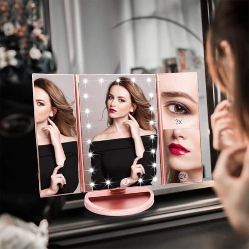 WEILY Makeup Mirror with 21 LED Lights,Two Power Supply Modes, Adjustable Touch Screen and 1x/2x/3x Magnification Tri-Fold Vanity Mirror,Chargeable Travel Cosmetic Mirror for Desktop(Rose Pink)