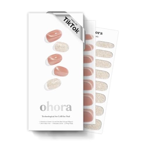 ohora Semi Cured Gel Nail Strips (N Muse Glow) - Works with Any Lamps, Salon-Quality, Long Lasting, Easy to Apply & Remove - Includes 2 Prep Pads, Nail File & Wooden Stick