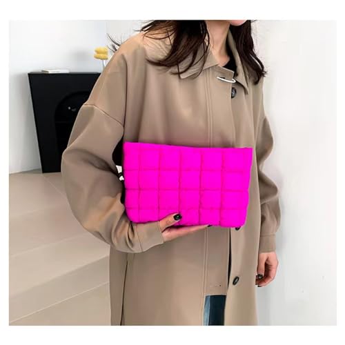 Soft Checkered Quilted Puffy Makeup Bag for Women, Aesthetic Puffer Cosmetic Bag Pouch for Purse (Hot Pink)