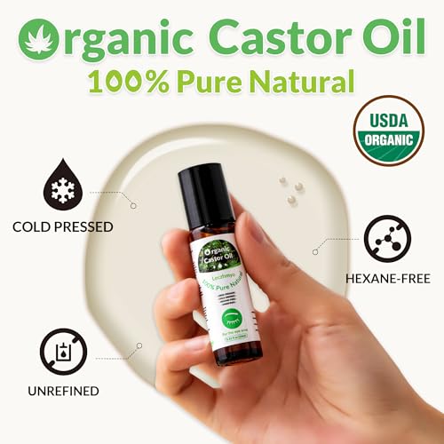 Organic Castor Oil Roll on for Belly, Face, Body, Under Eyes? Certified Organic, Cold Pressed, Hexane Free, Unrefined ? 3 Glass Bottle Pure Roller Ball Castor Oil to Moisturize Skin, Lips