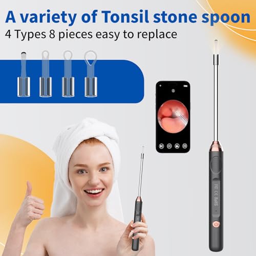 Tonsil Stone Remover with Camera£¬Tonsil Stone Removal Tool with LED Light£¬TonsilCleaner for Tonsil Stone Removal£¬Tonsillolith Removal Tool with 4 Head £¬Attachments for iOS & Android (Black and Gold)