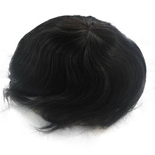 Black Human Hair Toupee for Men 1B Swiss Lace Front Remy Hairpiece Bleached Knots (1B-PUaround)