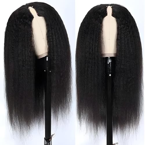 V Part Wig Human Hair Kinky Straight Vpart Human Hair Wig 16 Inch Upgrade U Part Wig Yaki Straight Clip in Half Wigs for Black Women Glueless No Leave Out 180% Density Natural Color
