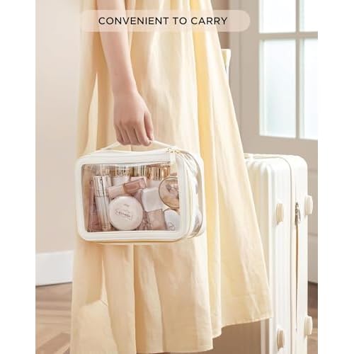 HBlife Clear Makeup Bag Organizer Set, Portable Travel Toiletry Cosmetic Case for Women, Large Make Up Bag Makeup Train Case Transparent Storage Pouch with Handle(White)
