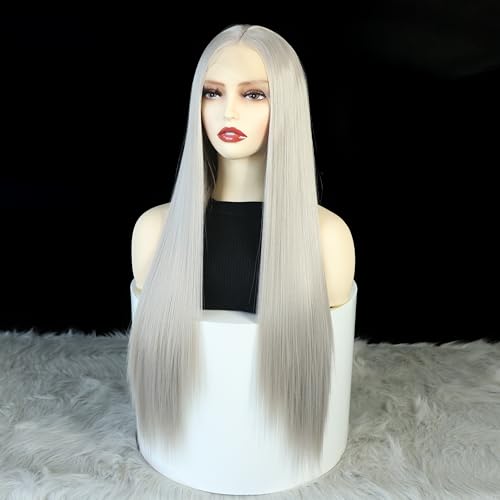 Synthetic Lace Front Wigs For Women Silver Grey Free Part Long Straight Glueless Heat Resistant Fiber Hair Cosplay Party Wigs