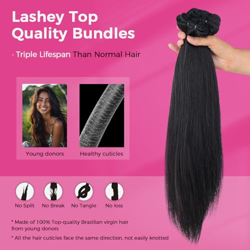 Lashey Raw Human Hair Bundles Straight 3 Bundles 14 16 18 Inches 100% Virgin Hair Bundles Soft and Silky Weave Bundles Double Weft Straight Raw Bundles Human Hair Hair Extension Natural Black