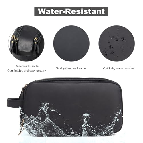 Toiletry Bag for Men, Full Grain Leather Travel Pouch Shaving Dopp Kit Bathroom Toiletries Organizer Bags, Black