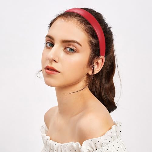 WantGor 1 Inch PU Leather Headband, Wide Padded Hairband Fashion Hair Bands Cute Womens Headbands Holiday DIY Hair Accessories (Red)