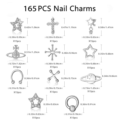 165PCS Silver Nail Charms Bulk Set with Star, Planet, Cross & More; 165 Count; Metal Alloy with Rhinestones; Mix Shape; Nail Art Accessories