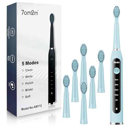 7AM2M Sonic Electric Toothbrush for Adults High Power Rechargeable Toothbrushes with 6 Brush Heads,5 Adjustable Modes, Built-in 2-Minute Smart Timer,3 Hours Fast Charge for 45Days Blue