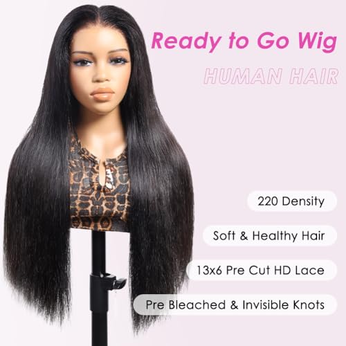 Pizazz 13x6 Straight Glueless Wig Human Hair Pre Plucked Pre Bleached Pre Cut Upgrade Invisible Drawstring Wig with Tapes 220 Density Ready to Go HD Frontal Human Hair Wigs for Women 20 Inch