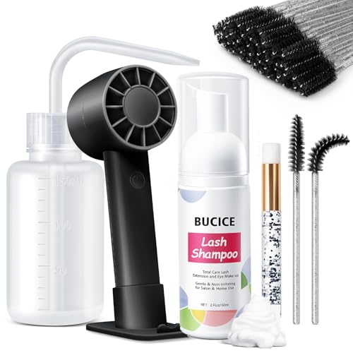 Lash Shampoo Kit-60ML Lash Cleaning Set with Rechargeable Eyelash Fan/Mascara/Resin Bottle, Oil-Free Cleansing Kit for Lash Washing/Extension/Home Salon Use