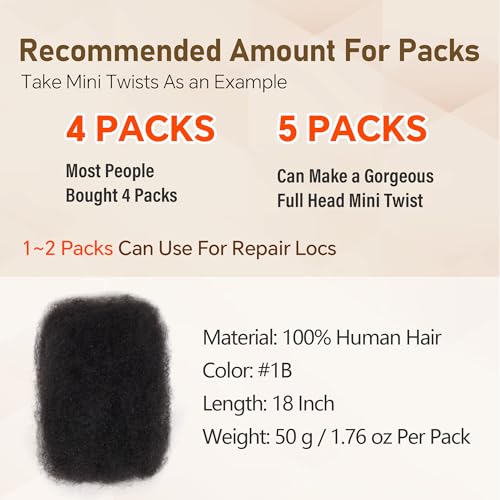 Afro Kinkys Bulk Human Hair -100% Real Human Hair for Mini Twist, Braiding, Loc Extensions & Crochet, Kinky Curly Hair Bundles, Natural Afro Bulk for Dreadlocks(1B, 18 Inch(Pack of 1))