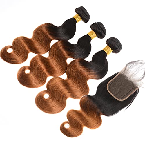 Ombre Human Hair Bundles with Closure Body Wave 3 Bundles 1B/30 Brazilian Virgin Human Hair Two-tone Dark Root with 4x4 Lace Closure(T1B/30, 22 24 26 + 20)