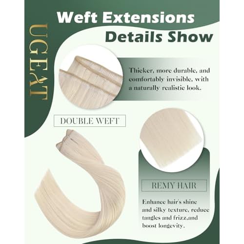 Ugeat Blonde Weft Hair Extensions Human Hair 24 inch Remy Real Hair Sew in Extensions Platinum Blonde Long Hair Extensions Weft For Women 105G