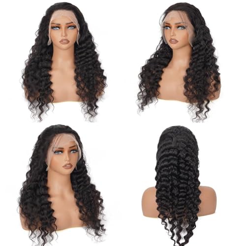 XVE 30 Inch Deep Wave Lace Front Wig Human Hair 13x4 Lace Front Wigs Human Hair Pre Plucked 200% Density Transparent Lace Frontal Curly Wigs For Women Glueless Wig Natural Black