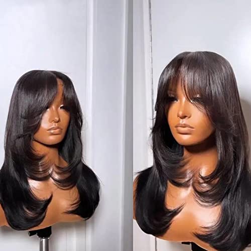 HD Transparent Lace Natural Straight Human Hair Wigs with Bangs Brazilian Remy Hair Layered Straight 13X4 Lace Front Wig Pre plucked Bleached Knost For Woman 150% Density Natural Black