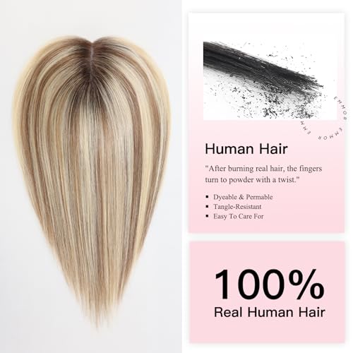 EMMOR 14 Inch Human Hair Topper for Women - 5" ¡¿ 6" Upgrade Swiss Lace Base with 3 Non-Slip Clips, 100% Real Hair Toppers for Thinning Hair & Natural Looking-Straight Bang(#005)